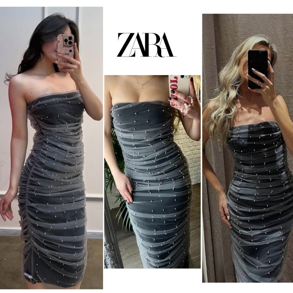 Zara gray strapless gathered draped ruched mesh tulle pearl embellished dress L